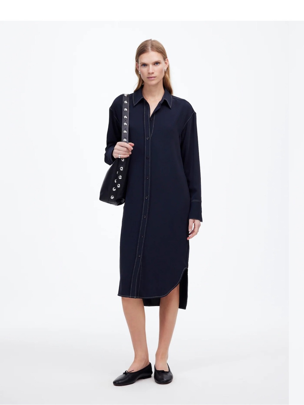 Madewell Navy Long-Sleeve Button-Front Midi Shirt Dress